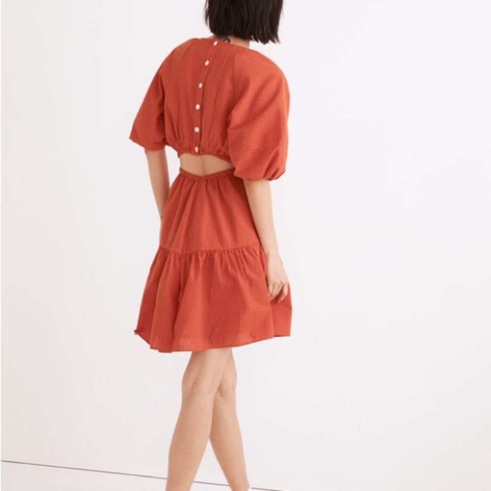 Madewell 
Seersucker Puff-Sleeve Cutout Mini Dress